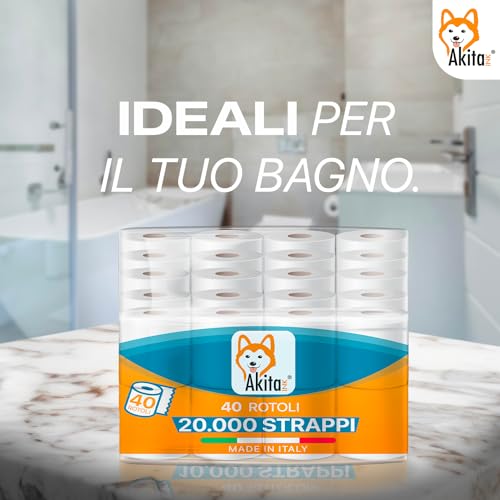 Akitaink 40 rotoli di Carta Igienica 2 Veli 20000 Strappi Totali, Pura cellulosa, Morbida e resistente, Delicata sulla Pelle, Dermatologicamente Testata, Carta 100% Certificata FSC® Made in Italy - Funzionalità e accessori