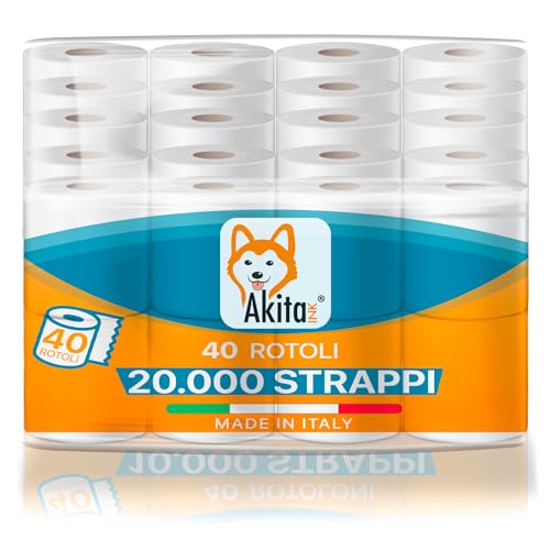 Akitaink 40 rotoli di Carta Igienica 2 Veli 20000 Strappi Totali, Pura cellulosa, Morbida e resistente, Delicata sulla Pelle, Dermatologicamente Testata, Carta 100% Certificata FSC® Made in Italy - Design e materiali