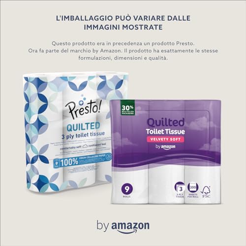 by Amazon Carta Igienica, 3 Veli Trapuntata, Morbida e Setosa, 36 Rotoli (4 Confezioni da 9), 200 Fogli per Rotolo, Certificata FSC - Prova pratica