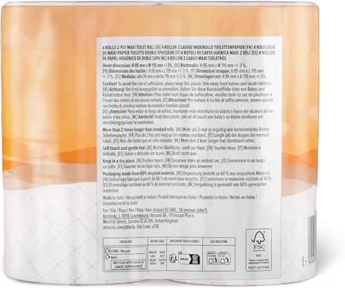 by Amazon - Carta igienica (maxi rotolo), 2 veli, trapuntata, morbida e delicata, 4 rotoli (1 confezione da 4), 500 strappi per rotolo, certificata FSC - Prova pratica