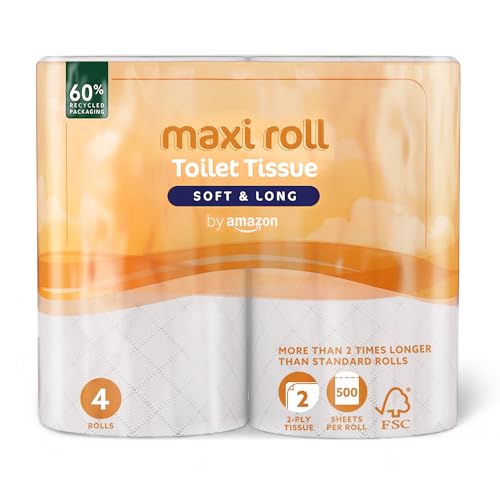 by Amazon Carta Igienica (MAXI Rotolo), 2 Veli Trapuntata, Soffice e Delicata, 20 Rotoloni (5 Confezioni da 4), 500 Strappi per Rotolo, Certificata FSC - Prova pratica