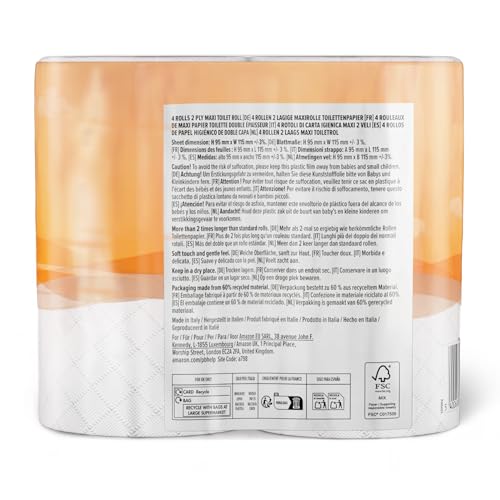 by Amazon Carta Igienica (MAXI Rotolo), 2 Veli Trapuntata, Soffice e Delicata, 20 Rotoloni (5 Confezioni da 4), 500 Strappi per Rotolo, Certificata FSC - Funzionalità e accessori