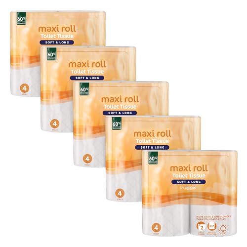 by Amazon Carta Igienica (MAXI Rotolo), 2 Veli Trapuntata, Soffice e Delicata, 20 Rotoloni (5 Confezioni da 4), 500 Strappi per Rotolo, Certificata FSC - Design e materiali