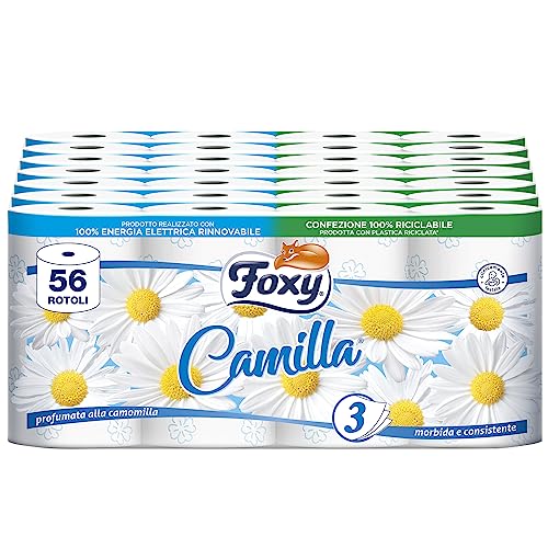 Foxy Camilla | Carta igienica 3 veli profumata alla camomilla | 56 rotoli | 160 strappi per rotolo | Carta 100% certificata PEFC | Confezione 100% riciclabile - Design e materiali