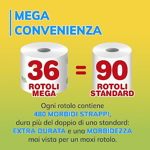 Foxy Mega | Carta igienica 36 rotoli| 480 strappi| Decorata |100% Energia elettrica rinnovabile| Confezione prodotta con plastica riciclata - Funzionalità e accessori