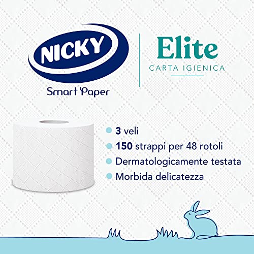 Nicky Elite - 48 Rotoli di Carta Igienica, 150 Soffici Fogli a 3 Veli, Morbida e Resistente a Contatto con la Pelle, Dermatologicamente Testata, 100% Certificata FSC® - Prova pratica