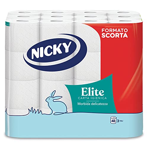 Nicky Elite - 48 Rotoli di Carta Igienica, 150 Soffici Fogli a 3 Veli, Morbida e Resistente a Contatto con la Pelle, Dermatologicamente Testata, 100% Certificata FSC® - Design e materiali