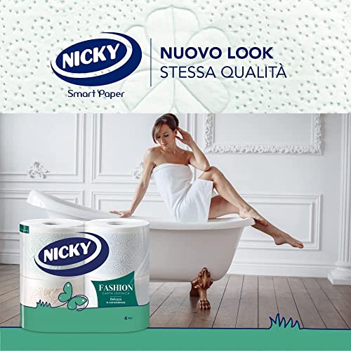 Nicky Fashion - 4 Rotoli di Carta Igienica, 165 Soffici Fogli a 4 Veli, 3 Diverse Texture e Colori, Delicato Profumo di Talco, Carta 100% Certificata FSC® - Funzionalità e accessori