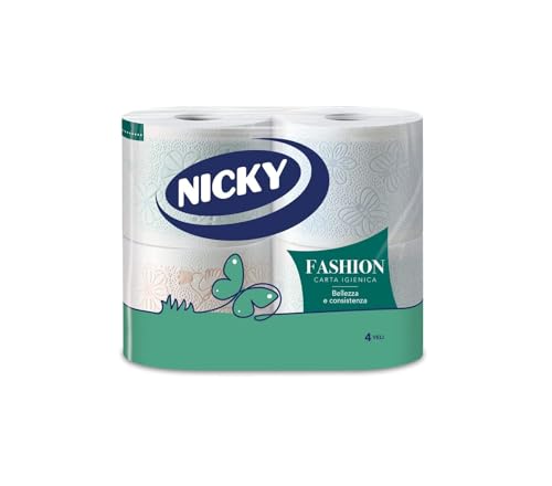 Nicky Fashion - 4 Rotoli di Carta Igienica, 165 Soffici Fogli a 4 Veli, 3 Diverse Texture e Colori, Delicato Profumo di Talco, Carta 100% Certificata FSC® - Design e materiali
