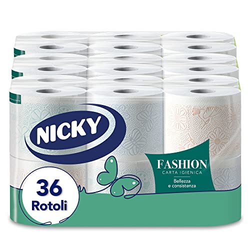 Nicky Fashion Carta Igienica - Confezione da 36 Maxi Rotoli a 4 Veli, 165 Strappi per Rotolo, Decorata, Resistente e Morbida sulla Pelle, Delicatamente Profumata al Talco, Prodotta in Italia - Design e materiali