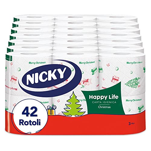 Nicky Happy Life Christmas - Carta Igienica Natalizia, 42 Rotoli da 170 Strappi, a 3 Veli, Apertura Facilitata, 4 Fantasie con Decori Natalizi, Morbida e Resistente, Allegra e Festiva, Carta FSC - Design e materiali