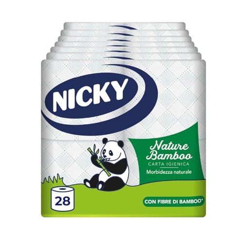 Nicky Nature Bamboo - 28 Rotoli di Carta Igienica, 160 Soffici Fogli a 3 veli di Pura Cellulosa e Arricchiti di Fibre di Bamboo, Morbida e Confortevole, Sostenibile Dentro e Fuori, Bianca - Design e materiali