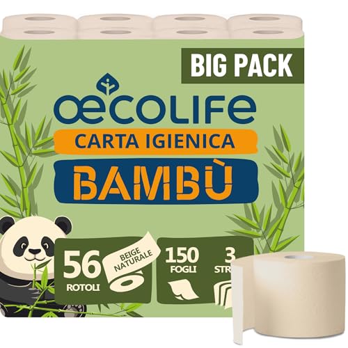 œcolife Carta igienica in bambù, 3 strati, 56 x 150 fogli per rotolo, super morbida, vegana, carta igienica sostenibile, confezione da 60% PCR (56 rotoli) - Design e materiali
