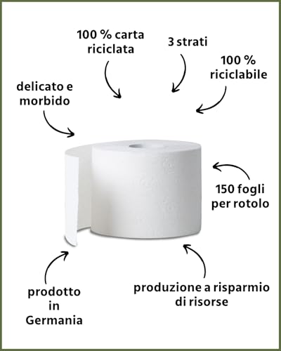 œcolife Carta igienica RECYCLING, 3 strati, 56 x 150 fogli per rotolo, super morbida, sostenibile, riutilizzabile, confezione 60% PCR (56 rotoli) - Funzionalità e accessori