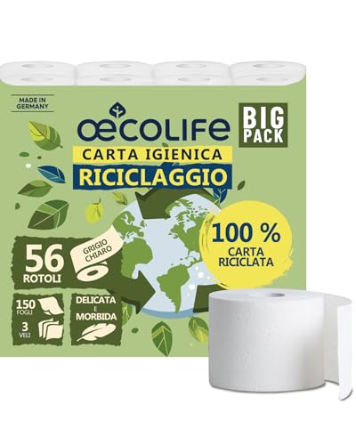 œcolife Carta igienica RECYCLING, 3 strati, 56 x 150 fogli per rotolo, super morbida, sostenibile, riutilizzabile, confezione 60% PCR (56 rotoli) - Design e materiali