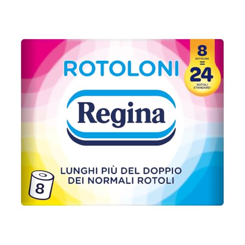 Rotoloni Regina - 8 Maxi Rotoli di Carta Igienica, 500 Fogli a 2 Veli, Lunghi Più del Doppio dei Normali Rotoli, Confezione 50% in Plastica Riciclata, Carta 100% Certificata FSC - Design e materiali