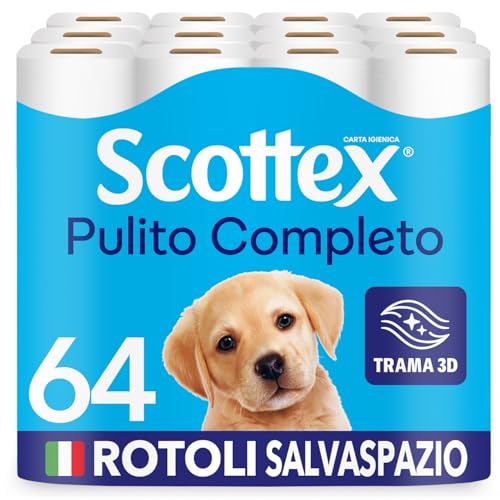 Scottex Carta Igienica, Formato Salvaspazio, Cotone, Confezione 100% Riciclabile, Fatto in Italia, 64 Rotoli - Design e materiali