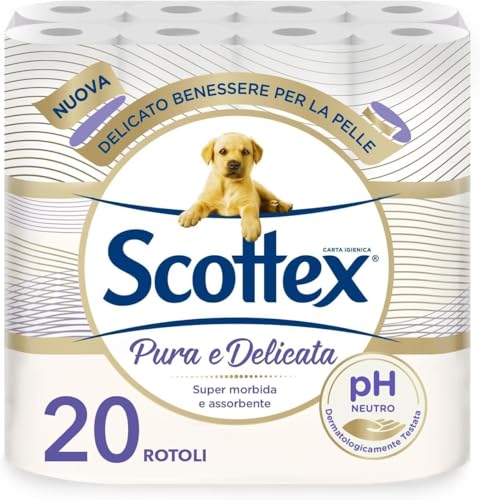 Scottex Carta Igienica Pura e Delicata, Morbida e Assorbente, 5 Veli, PH Neutro, Dermatologicamente Testata, 20 Pz - Design e materiali