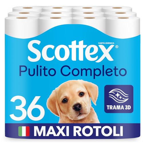 Scottex Pulito Completo Carta Igienica, Morbida e Resistente, Con fibre di Cotone, Fatto in Italia, 36 Rotoli Maxi - Design e materiali