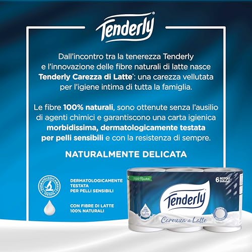 Tenderly Carezza di Latte, 6 Rotoli di Carta Igienica Morbidissima 2 Veli, 250* Strappi per Rotolo, Realizzata con Fibre 100% Naturali di Latte, Made in Italy - Funzionalità e accessori