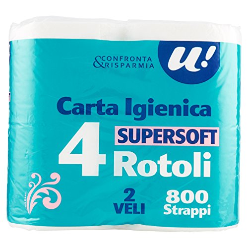 U! Confronta e Risparmia Carta Igienica Super Soft 2 Veli 800 Strappi, 4 Rotoli - Design e materiali